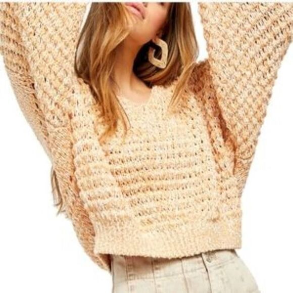 Free People Coconut Loose Weave Sandy Combo Knit Pullover Off Shoulder Hi Low - Picture 1 of 12